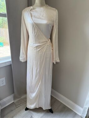 Elegant Cream Maxi Wrap Dress with Long Sleeves